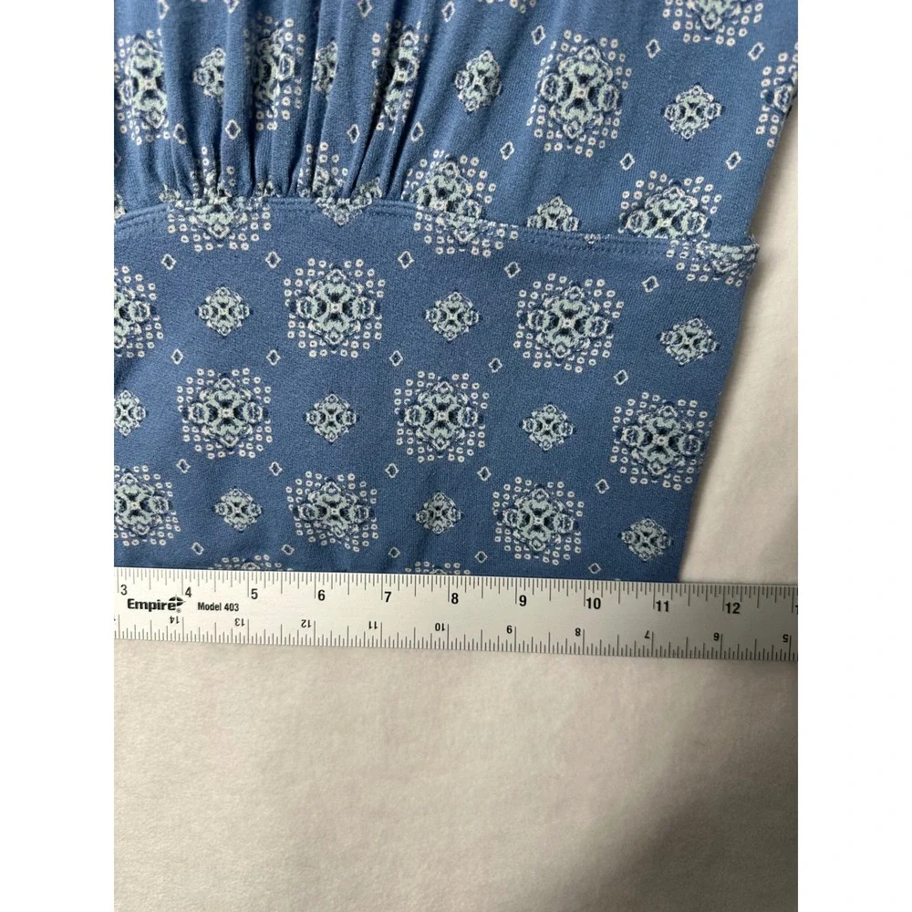 Free People Blue Medallion Print Ruched Button Front V-Neck‎ Blouse Top Womens M